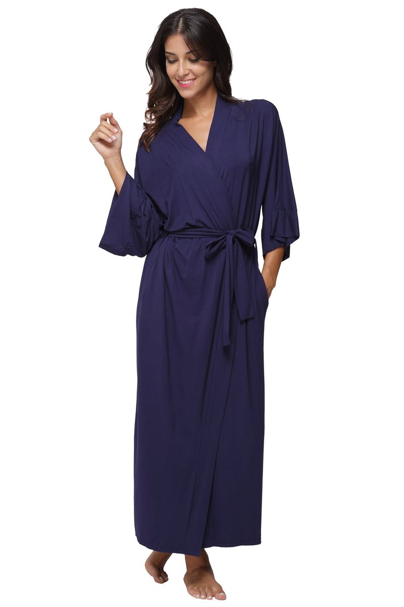MissNina Women's Soft Kimono Long Robes Nursing Robes Maternity Bathrobes,Navy Blue - Image 3
